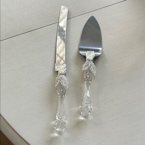 Wedding Elegant White and Silver Cake Knife and Server Set